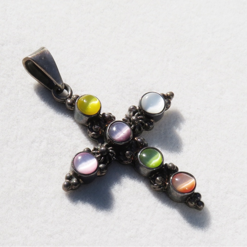 Sterling Silver Multi Color Cat’s Eye Cross Pendant 2.25” X 1.5” ATI Mexico 925 - Picture 2 of 5